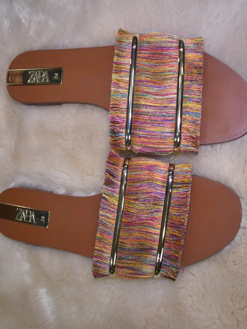 Zara Colorful Fringe Slide Sandals Size 39/8 Boho Summer Vacation Flats - Picture 5 of 12